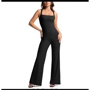 Vilanva Wide Leg Jumpsuit Square Neck Dressy One Piece Outfit Stretch Romper M